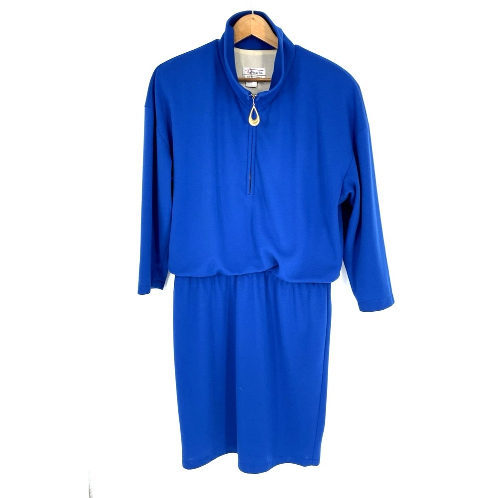 VTG Talbots David‎ Warren Womens 14 Sweater Dress Elastic Waist Blue Zip Front